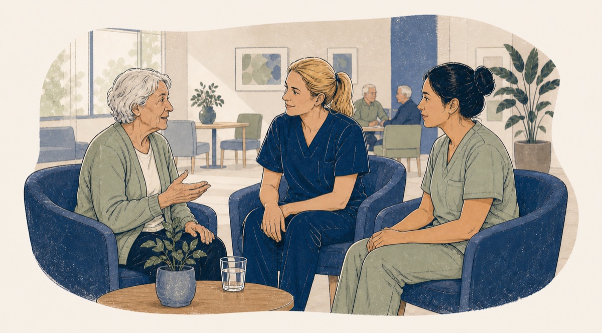 Handgezeichnete Illustration eines Gesprächs zwischen Pflegekraft, Bewohnerin und Angehörigem in einer Pflegeeinrichtung
