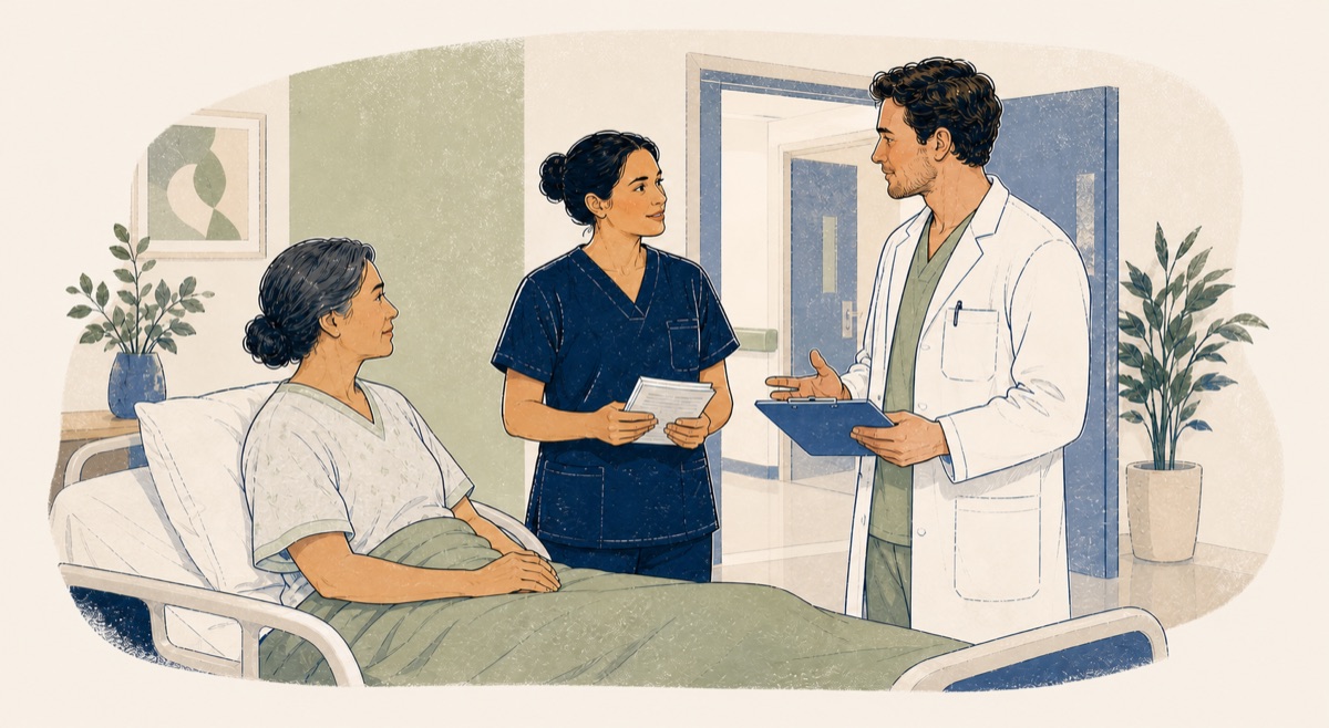 Handgezeichnete Illustration eines Gesprächs zwischen Pflegekraft, Arzt und Patientin im Krankenhaus