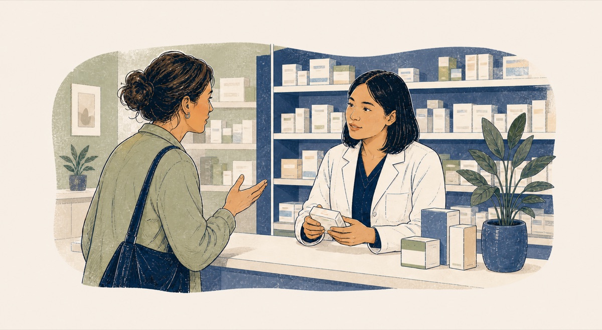 Handgezeichnete Illustration eines Gesprächs zwischen Apothekerin und Kunde in einer Apotheke