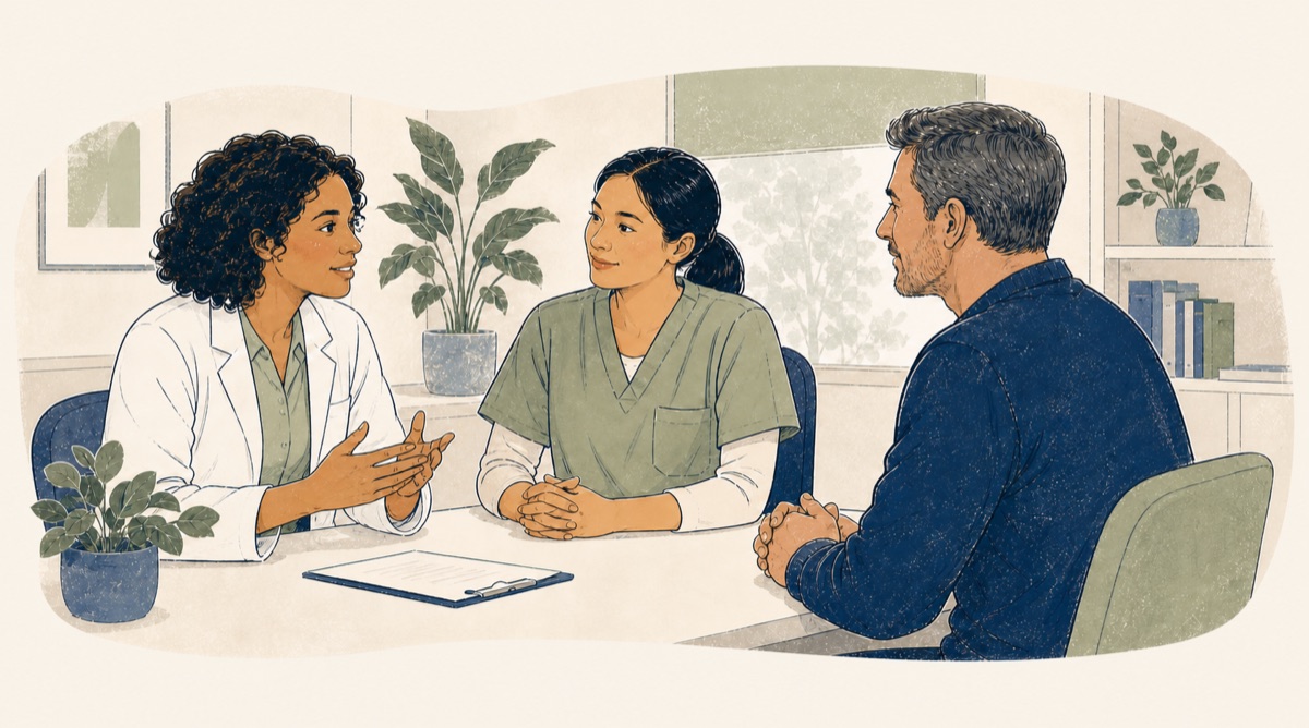 Handgezeichnete Illustration eines Gesprächs zwischen Ärztin, MFA und Patient in einer Arztpraxis