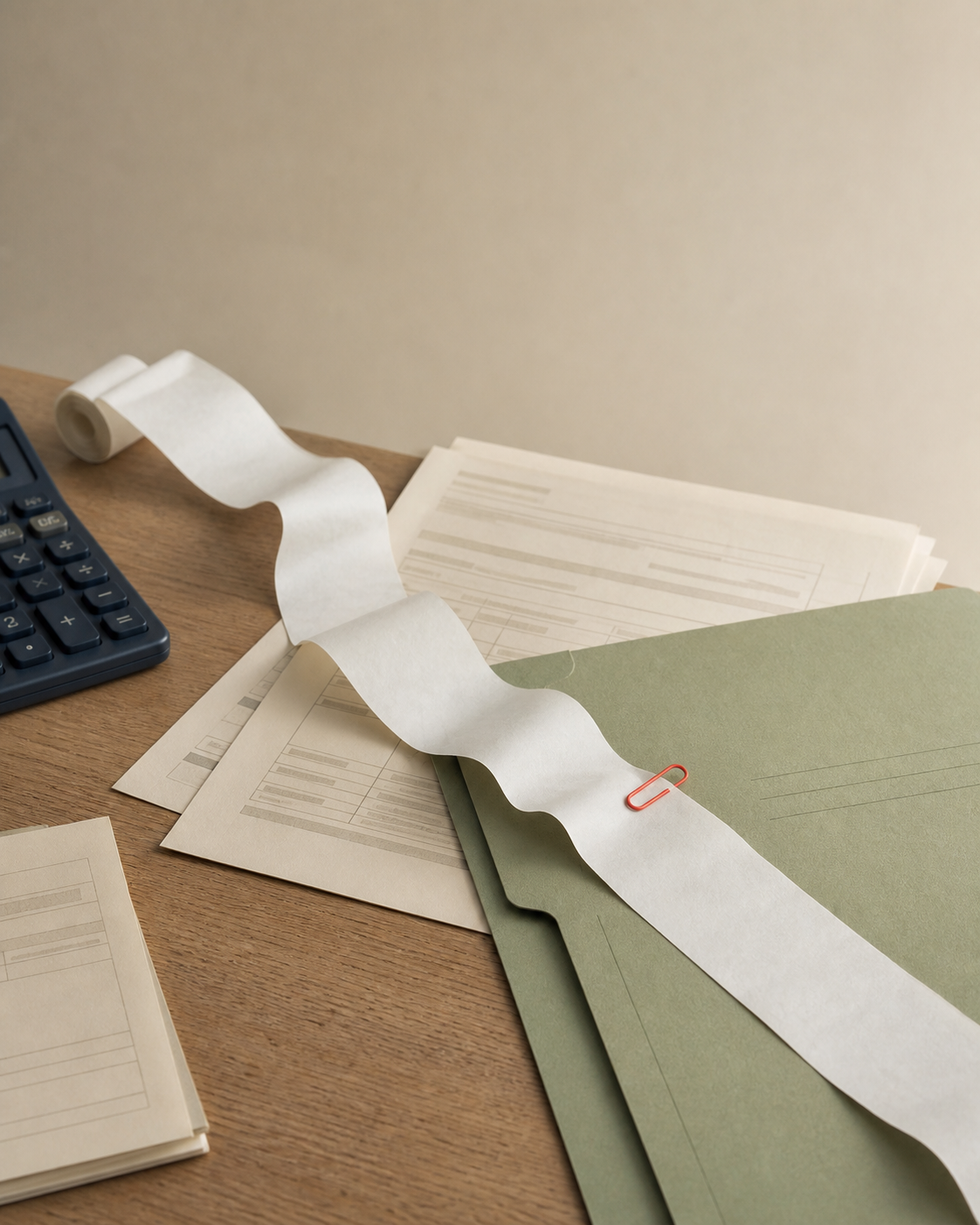 Mehrere Formulare, Papierstreifen und Aktenmappe